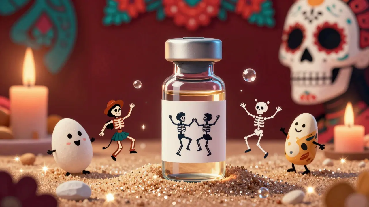 A vaccine vial with skeleton dancers representing PEG molecules, floating above grains of sand symbolizing millions of safe doses.