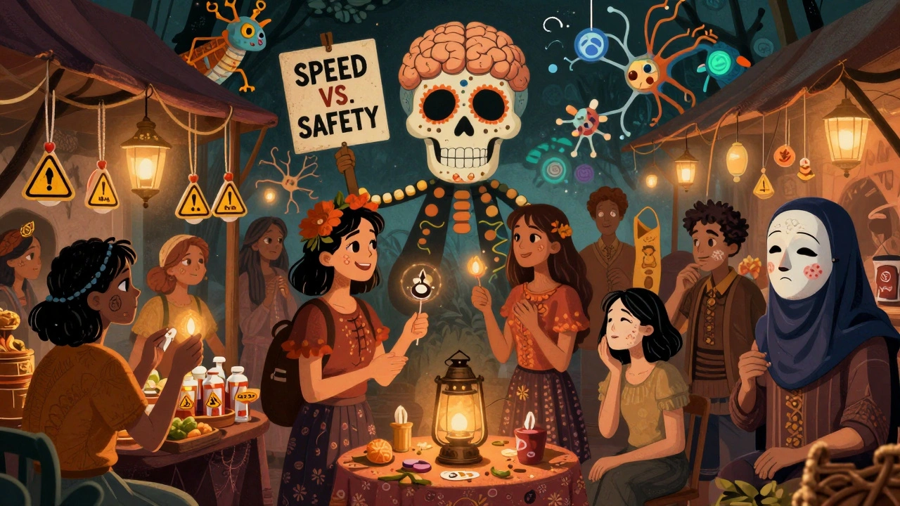 A vibrant Day of the Dead marketplace where patients choose between triptan amulets, gepant lanterns, and ditan masks, with a brain-shaped skull sign above.