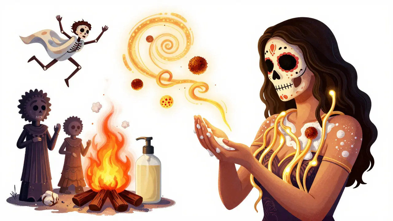 A woman lathering shampoo as fungal strands dissolve into dancing skeletons, with oils burning in a ceremonial fire.