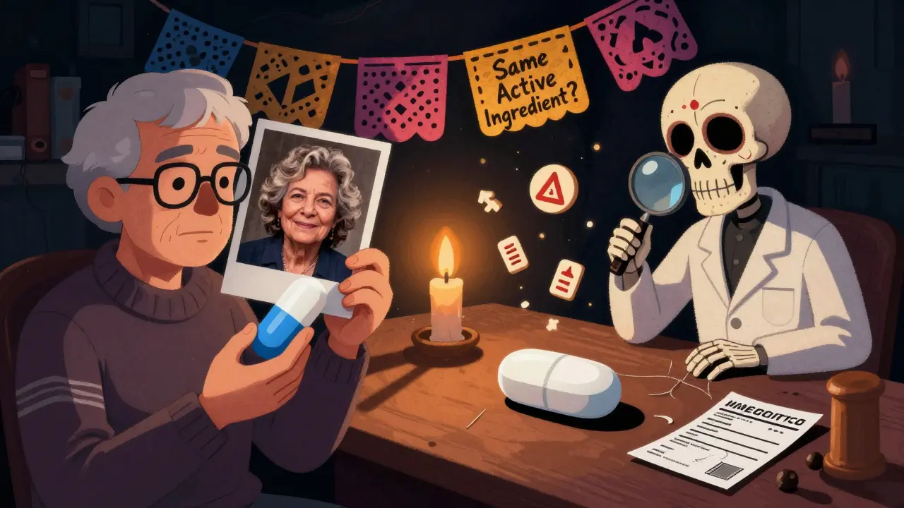 An elderly person compares old and new pills, with warning symbols and a skeletal pharmacist watching, in a Day of the Dead artistic style.