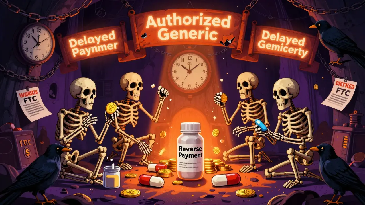 Brand executives delay generics with bribes and product swaps in a shadowy lair, surrounded by crumbling patents and golden payoffs.