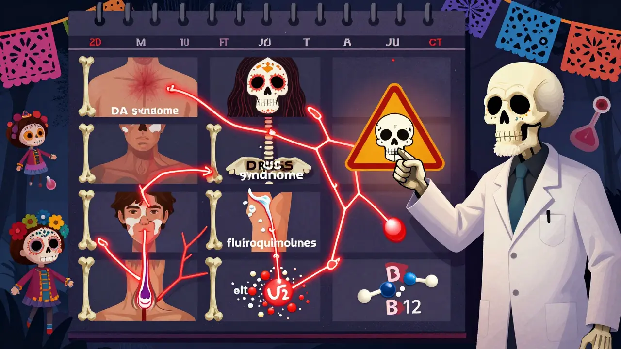 Calendar turning into bones showing delayed drug reactions, with a doctor skeleton pointing to warnings.