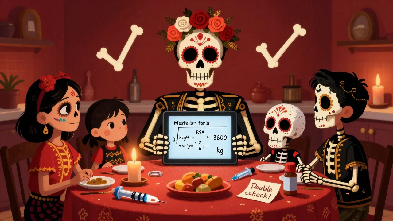 Family at table with skeleton showing BSA formula, sugar skull with weight, syringe and note saying 'Double-check!'