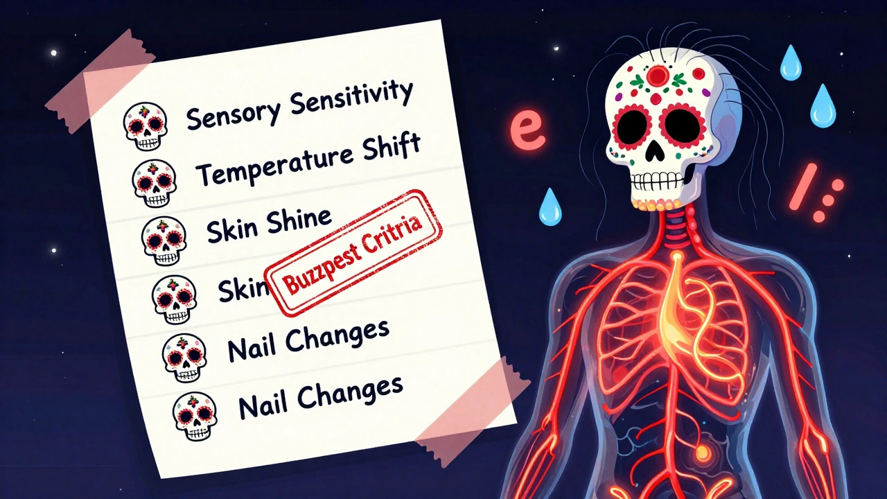 Floating medical checklist made of sugar skulls, with glowing nerve pathways in a transparent arm, rendered in vibrant alebrije colors.