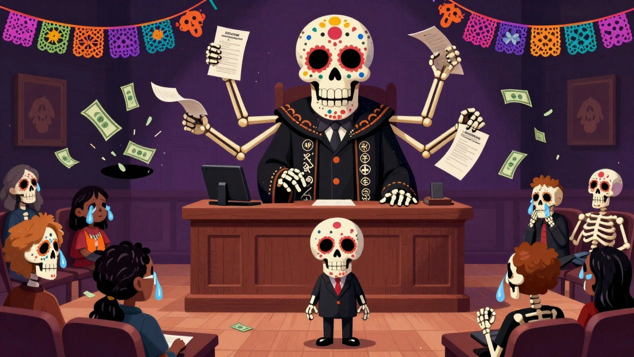 Generic company skeleton in courtroom dwarfed by Humira skeleton with 240 patent arms, under a 30-month stay symbol.