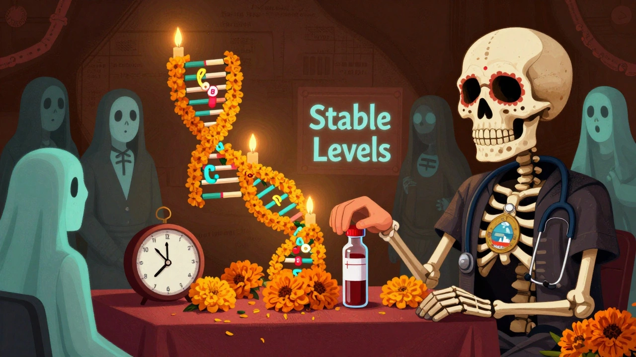 Medical chart as Day of the Dead altar with DNA helix of marigolds, stethoscope on skull, blood test vial being placed before a clock.