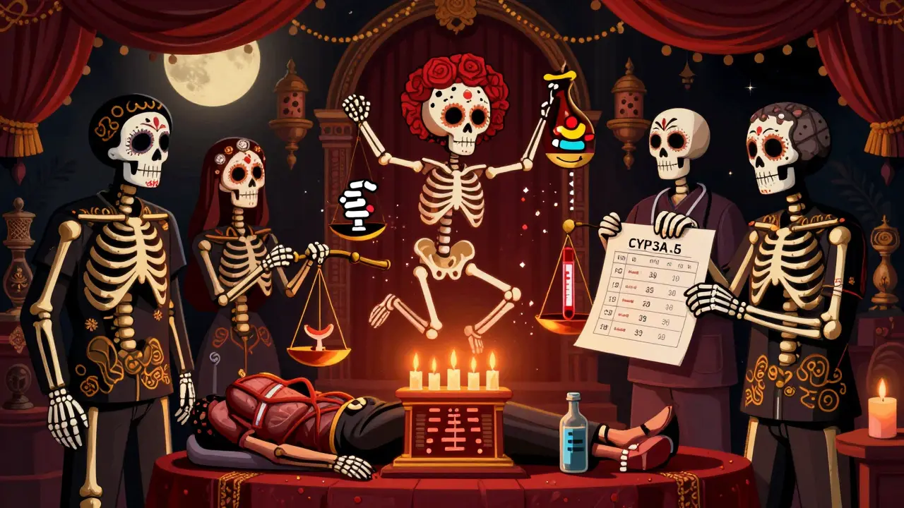 Medical staff examining a blood chart that becomes a dancing skeleton, with sodium calaveras and gene altar in vibrant Day of the Dead colors.