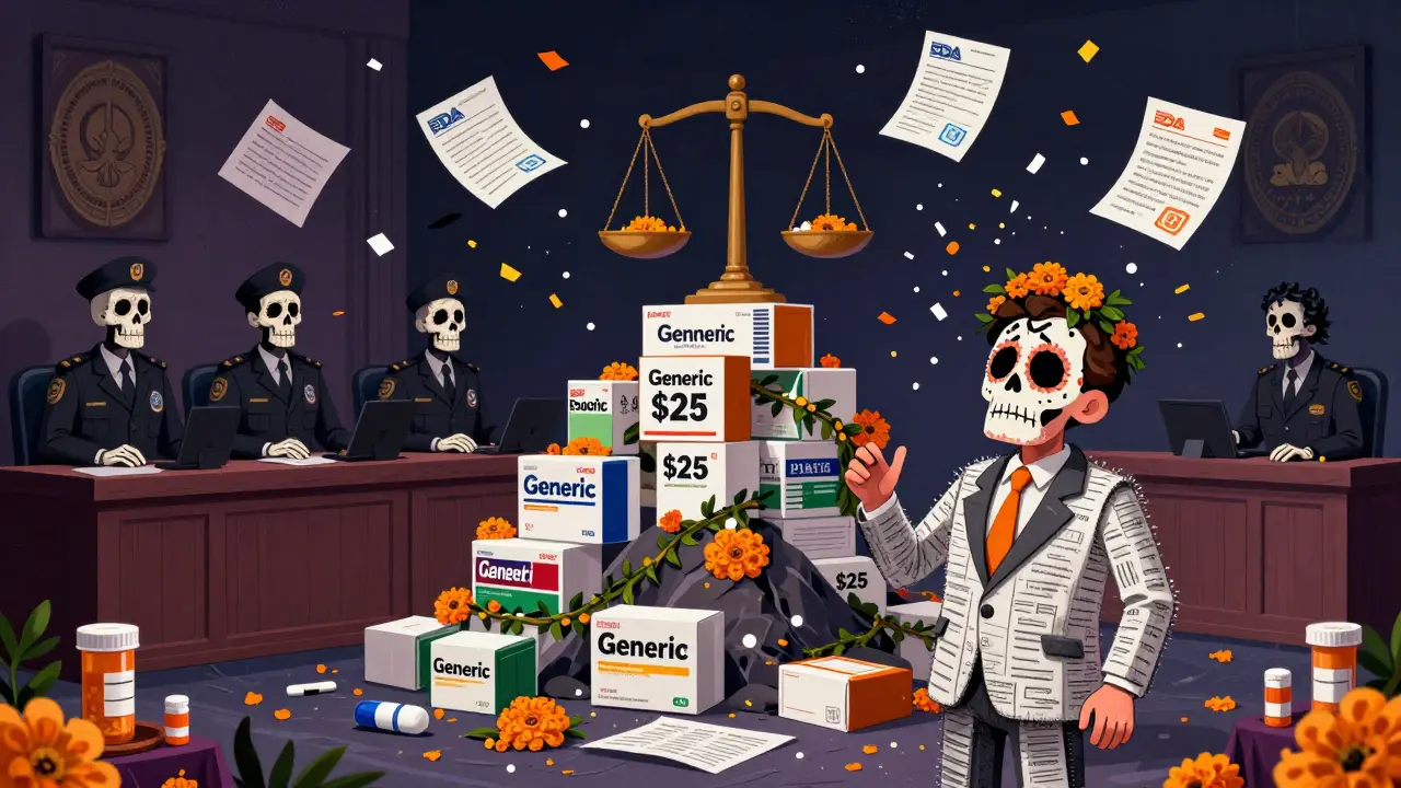 Medicare agents stand on generic drug boxes, overpowering a brand-name CEO in a patent-paper suit under a Day of the Dead altar.