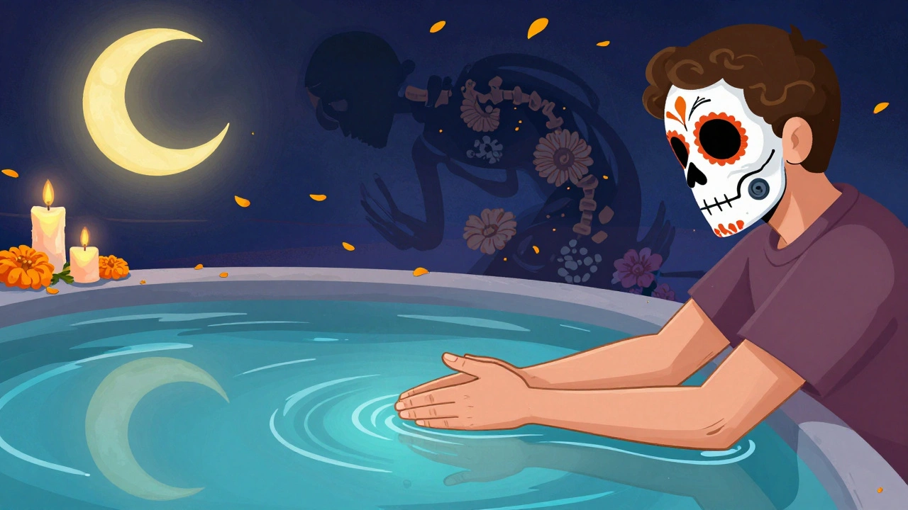 Patient in mirror therapy, reflection showing healthy limb, while shadowy twisted form fades into skeletal flowers and candles.