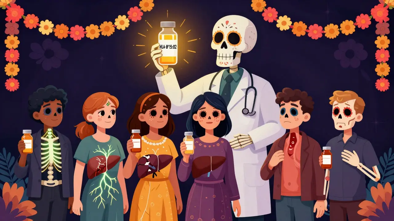 Patients with skeletal overlays of drug reactions, a doctor holding a genetic test vial, glowing with hope.
