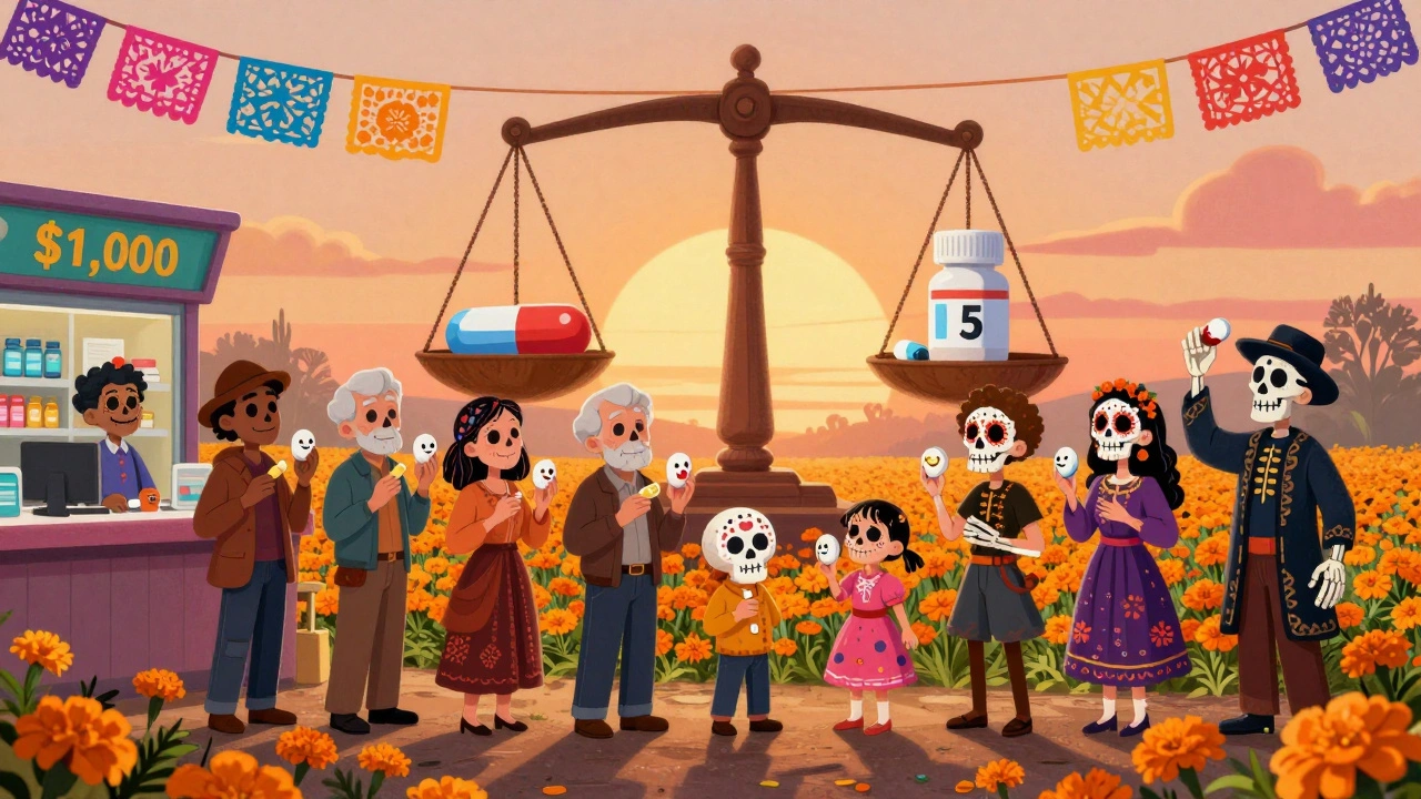 People hold sugar-skull-shaped generic pills as a scale balances expensive brand-name drugs against affordable generics under marigold petals.