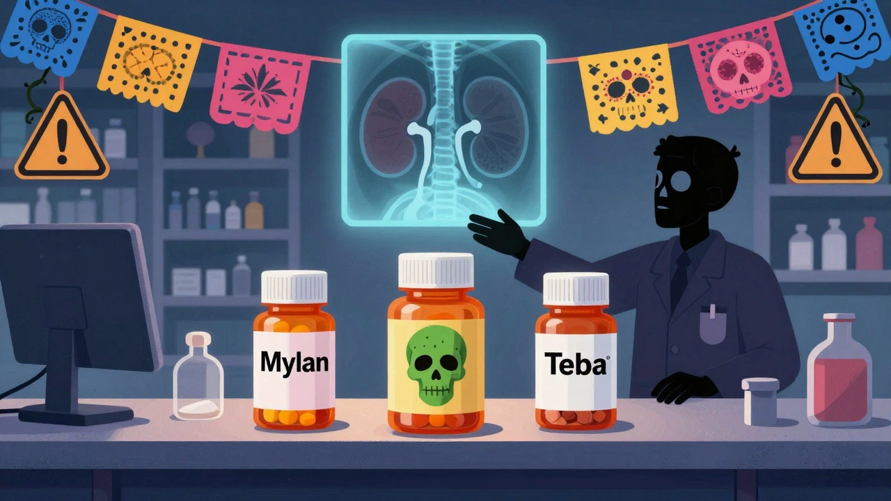 Pharmacy counter with three generic pill bottles as ofrenda offerings, glowing kidney X-ray above, warning herbs twisting into skulls.