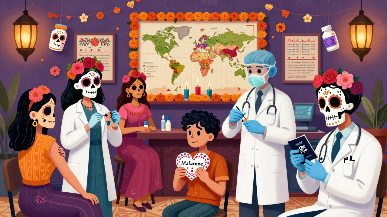 Skeletal medical staff in Day of the Dead attire administer vaccines to travelers in a colorful clinic filled with animated disease maps.
