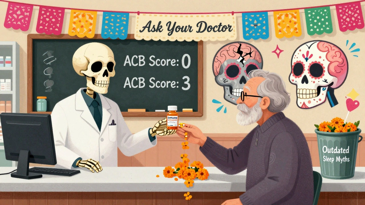 Skeleton pharmacist swaps dangerous antihistamine for safe one, ACB scores shown on chalkboard with marigold trail to trash.