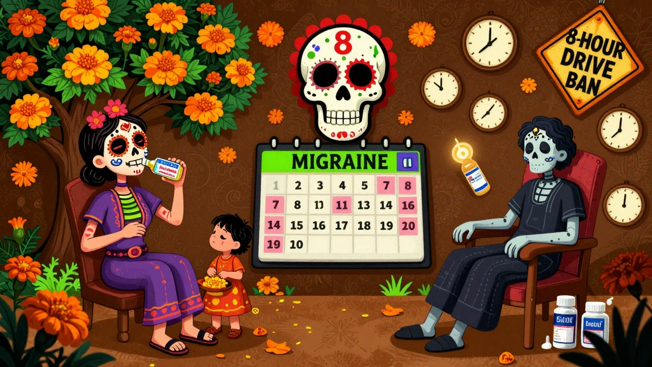 Split scene: a happy patient with gepant playing with their child vs. a dazed patient surrounded by clocks and a &#039;8-HOUR DRIVE BAN&#039; skull sign, in Day of the Dead style.