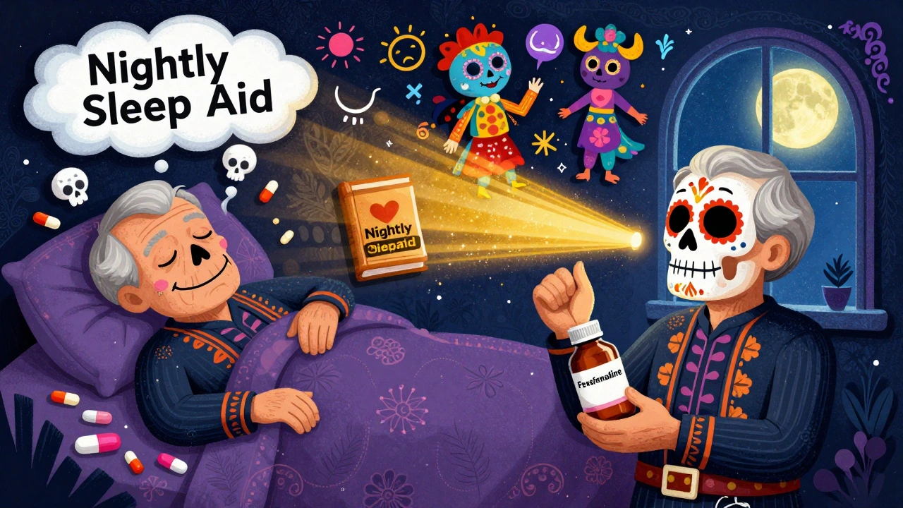 Split scene: elderly man asleep with skull fog from Benadryl vs. awake and alert with Claritin and CBT-I book.