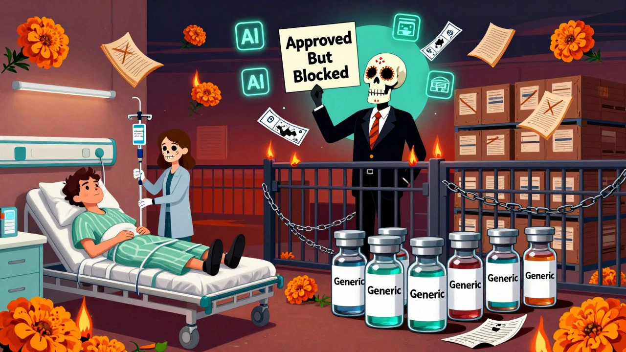 Split scene: patients on brand drugs vs. approved generics locked away, with FDA official waving &#039;Approved But Blocked&#039; sign.