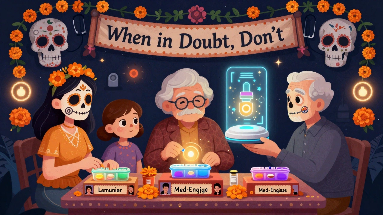 Three dedicated pill splitters, each marked with a name and photo, sit on an altar with a glowing safety device above.