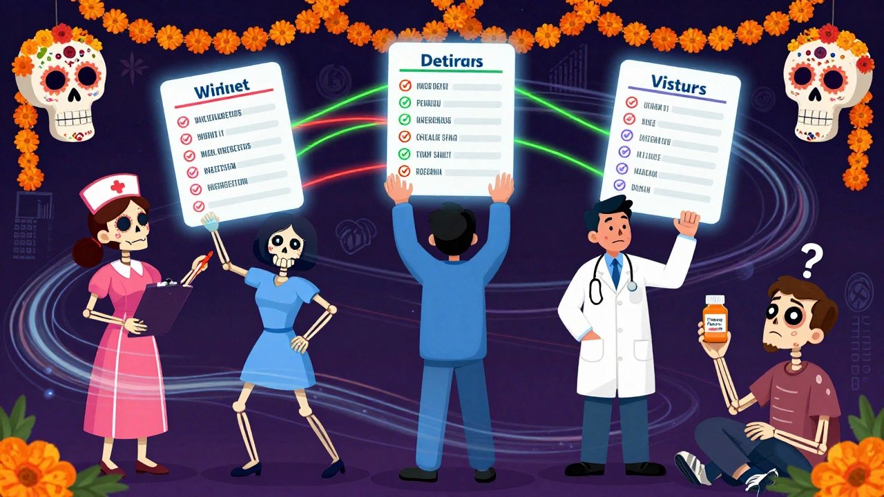 Three healthcare workers struggle to align mismatched medication lists while a confused patient holds a pill bottle, all in vibrant Day of the Dead illustration style.