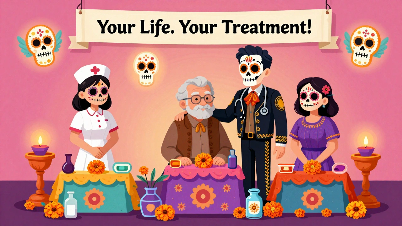 Three patients stand on personal altars with floating treatment options, guided by a doctor with a marigold stethoscope.