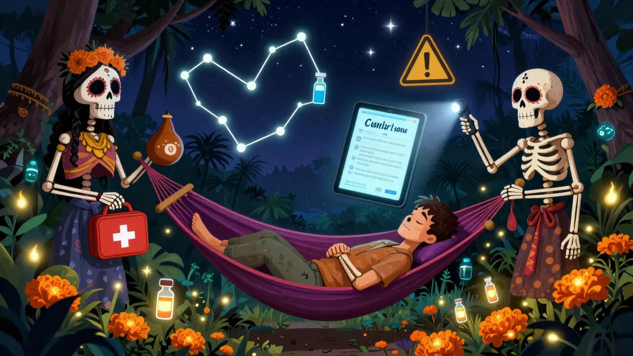 Traveler sleeps peacefully in a jungle hammock guarded by skeletal helpers holding emergency supplies under glowing marigold stars.