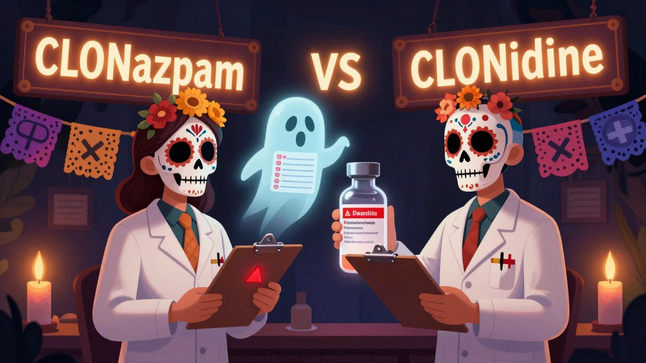 Two pharmacists double-checking heparin with glowing drug interaction warnings and tall-man lettering signs in a surreal setting.