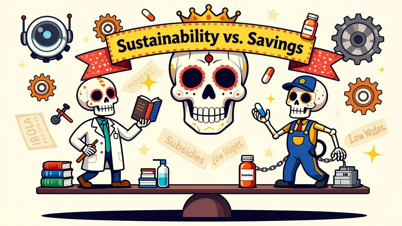 Two skeletons balancing labor costs on a scale, surrounded by symbols of quality, automation, and global trade.