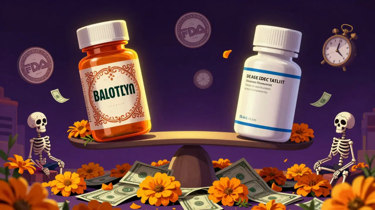 A balanced scale shows brand and authorized generic pills, with money turning into marigolds beneath.
