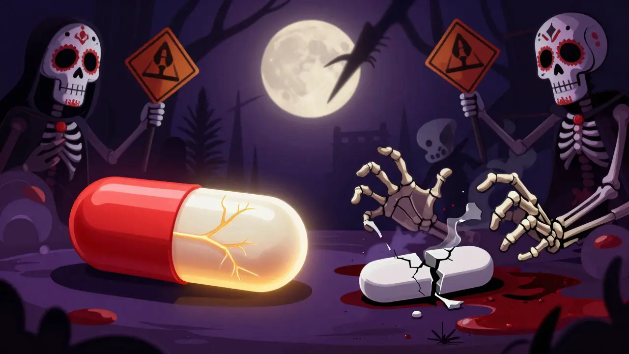 A dangerous split pill smoking with skeletal hands reaching out, symbolizing risks of splitting extended-release medications.