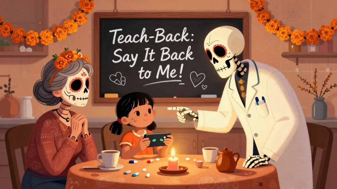 A family at a kitchen table examines pill images on a phone, a skeleton doctor points to the shared active ingredient, marigolds and a chalkboard with 'Teach-Back' in the background.