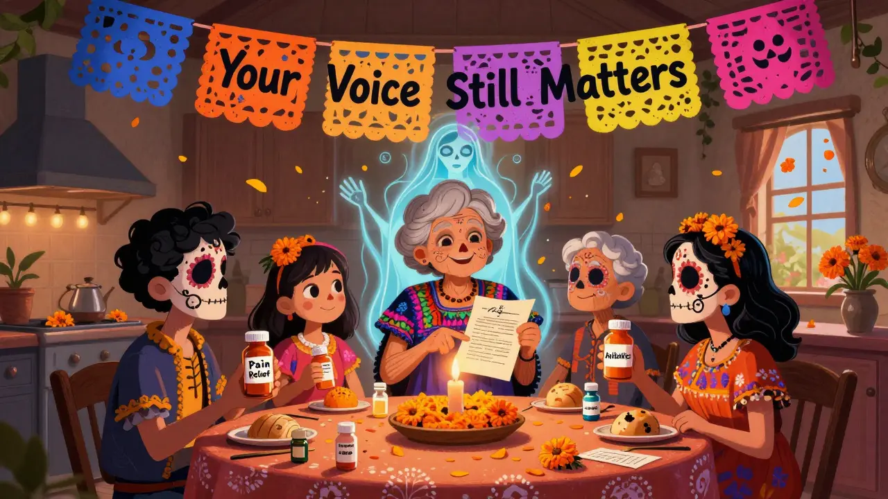 A family gathers at a table with medication bottles and a signed legal document, a radiant spirit woman points to it under a papel picado banner.