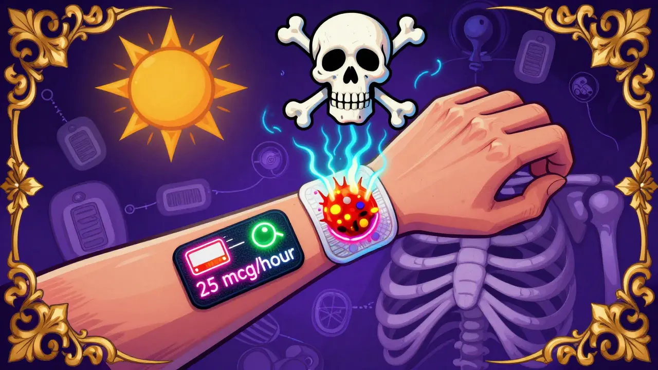 A glowing fentanyl patch on a skeletal arm pulses with dosage markers, heat waves rising as warning skulls hover nearby.