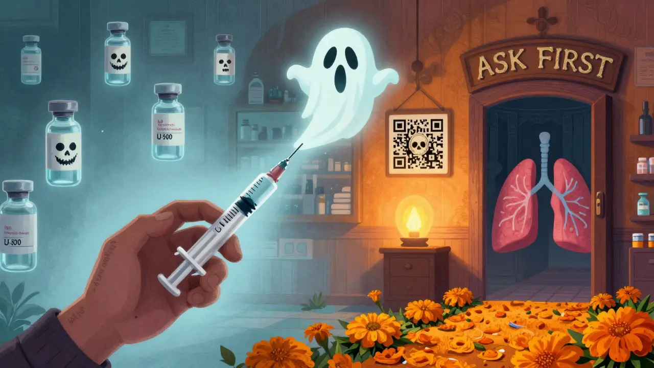 A hand holds an insulin syringe beside a U-500 vial, with a ghostly fivefold overdose rising, QR code glowing like a spirit lantern.