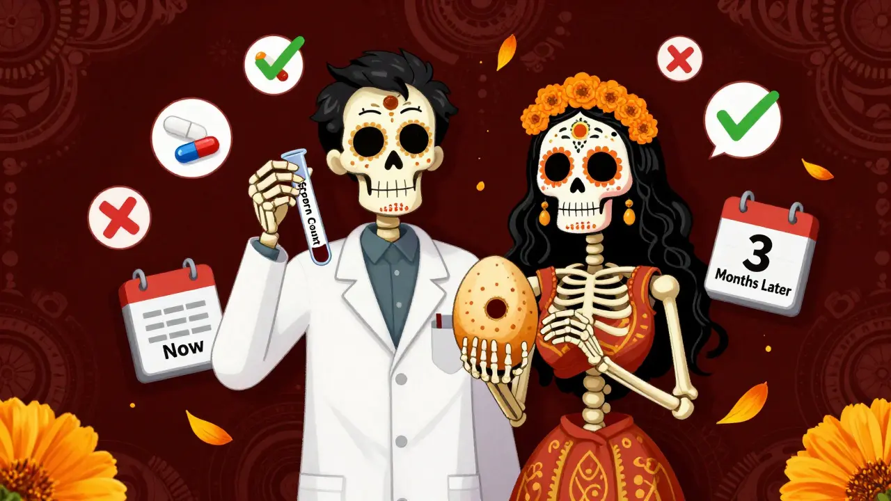 A male and female skeleton with sperm and egg icons, surrounded by drug symbols marked safe or dangerous.