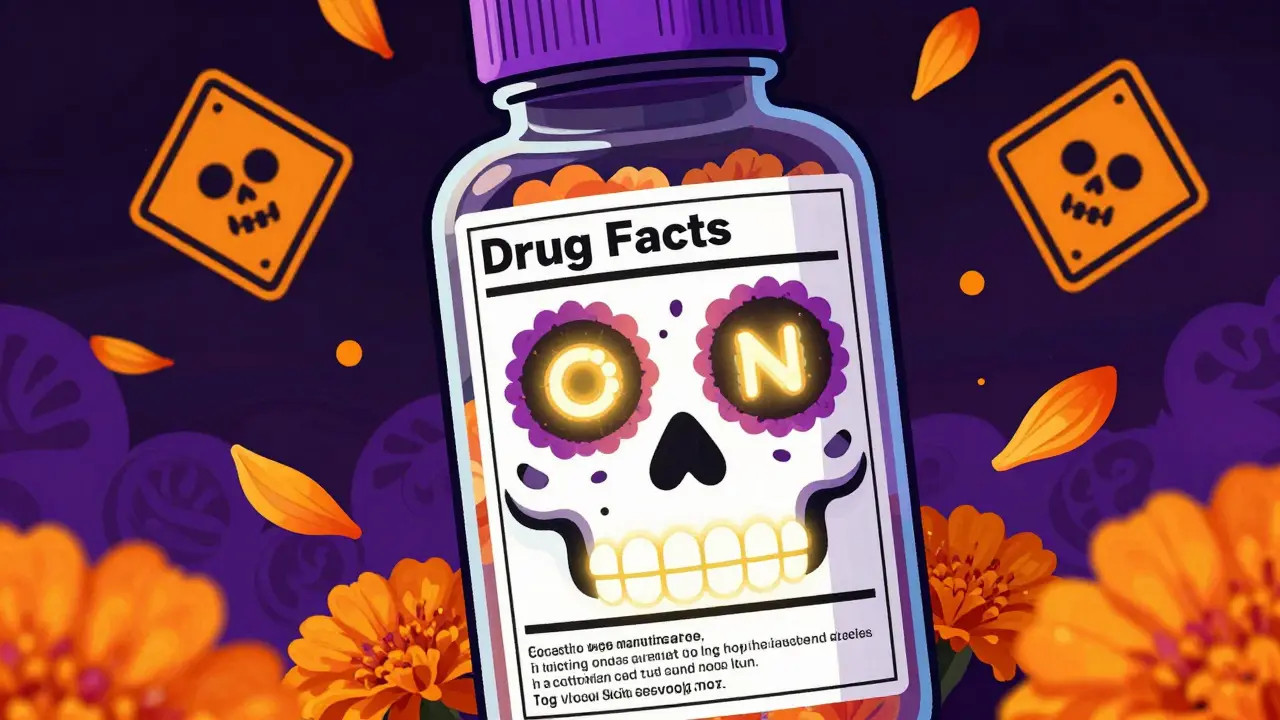 A medicine bottle transforms into a skull face with glowing active ingredients, surrounded by warning symbols and marigold petals in folk art style.