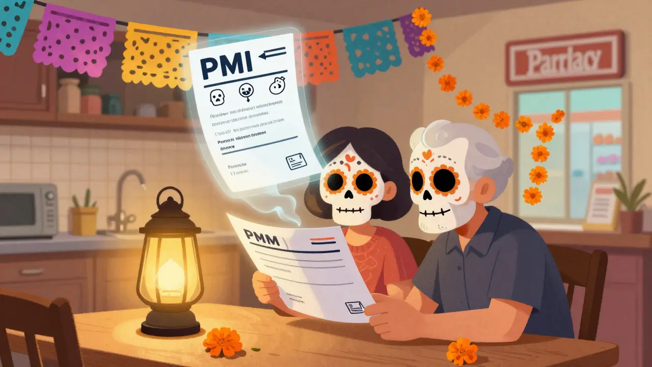 A patient and elder read a large-print label together under a lantern, with a floating patient instructions sheet and calaveras guiding them.