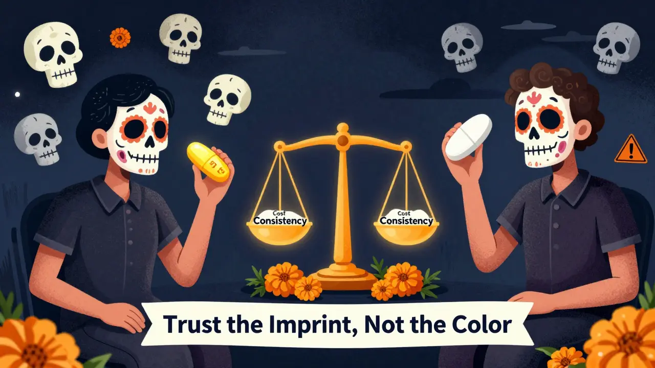 A patient compares generic and brand pills on opposite sides, with skulls and a balance scale showing cost versus consistency.