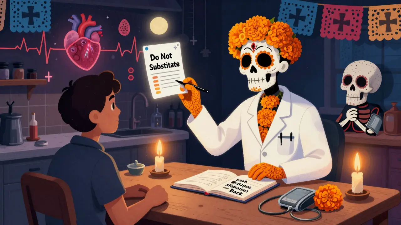 A patient journals symptoms as a spectral doctor writes 'Do Not Substitute' on a floating prescription, under a mural of vital signs in Day of the Dead aesthetic.