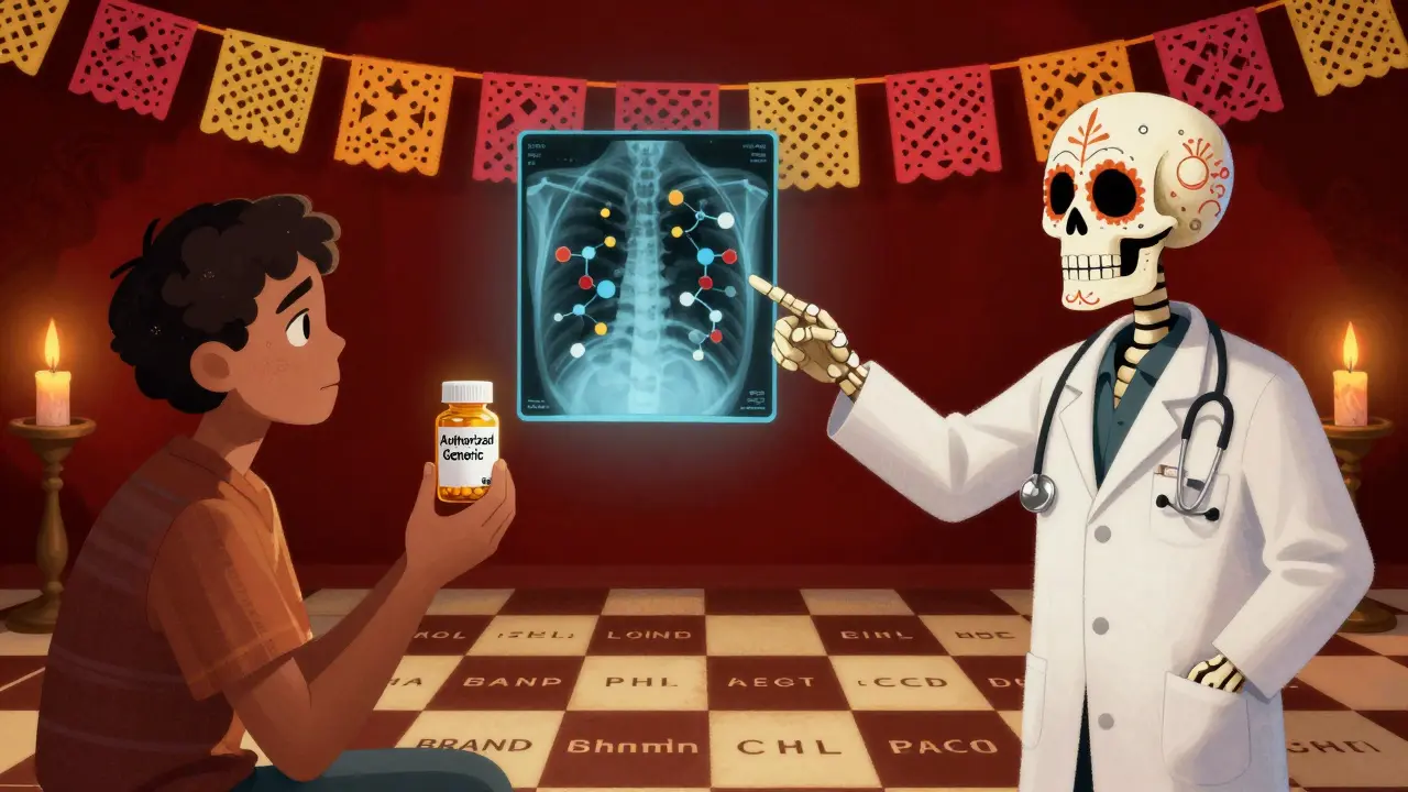A patient receives reassurance from a skeleton doctor as identical drug molecules glow above them.