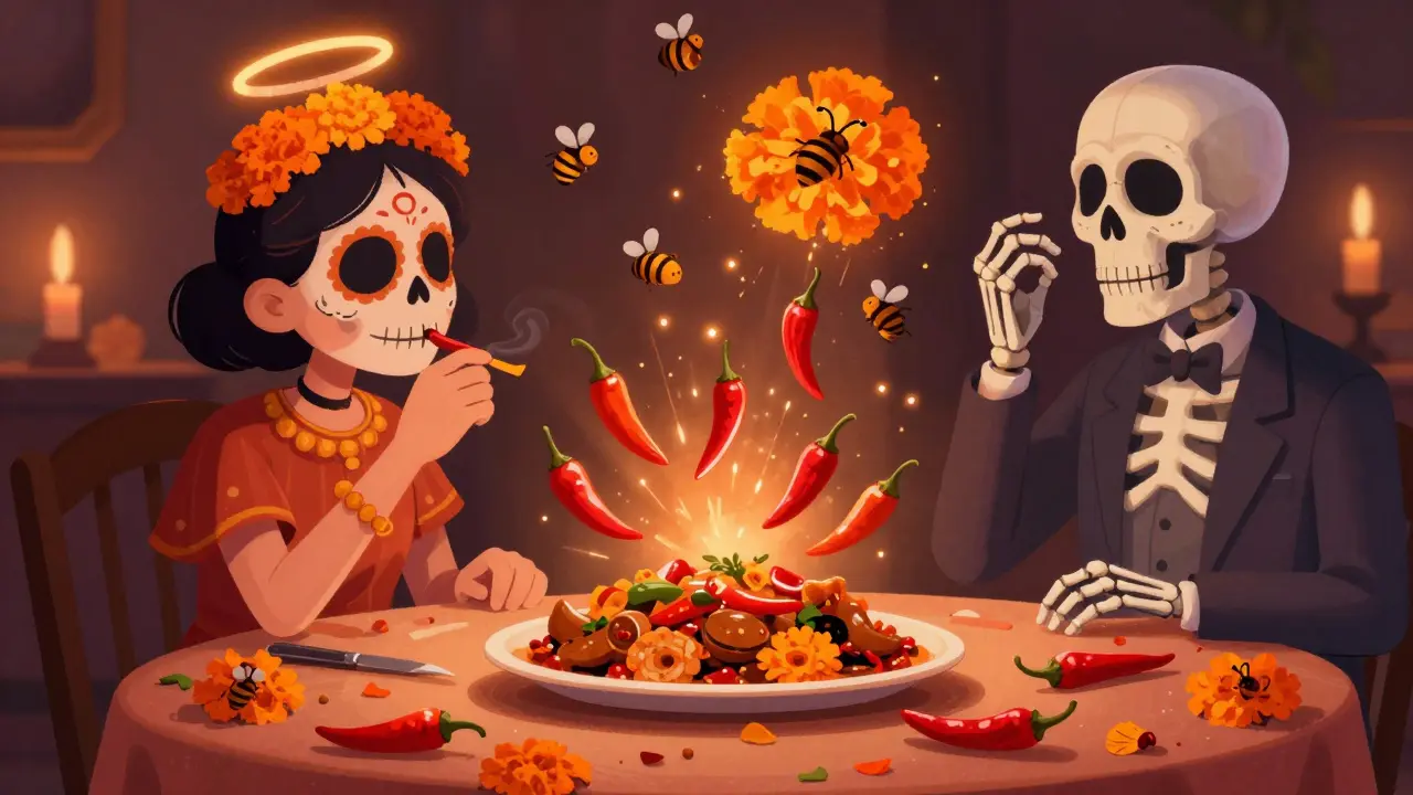 A person eating spicy food, with tiny skeletal hands rising from peppers and hives forming as floating petals above their head.