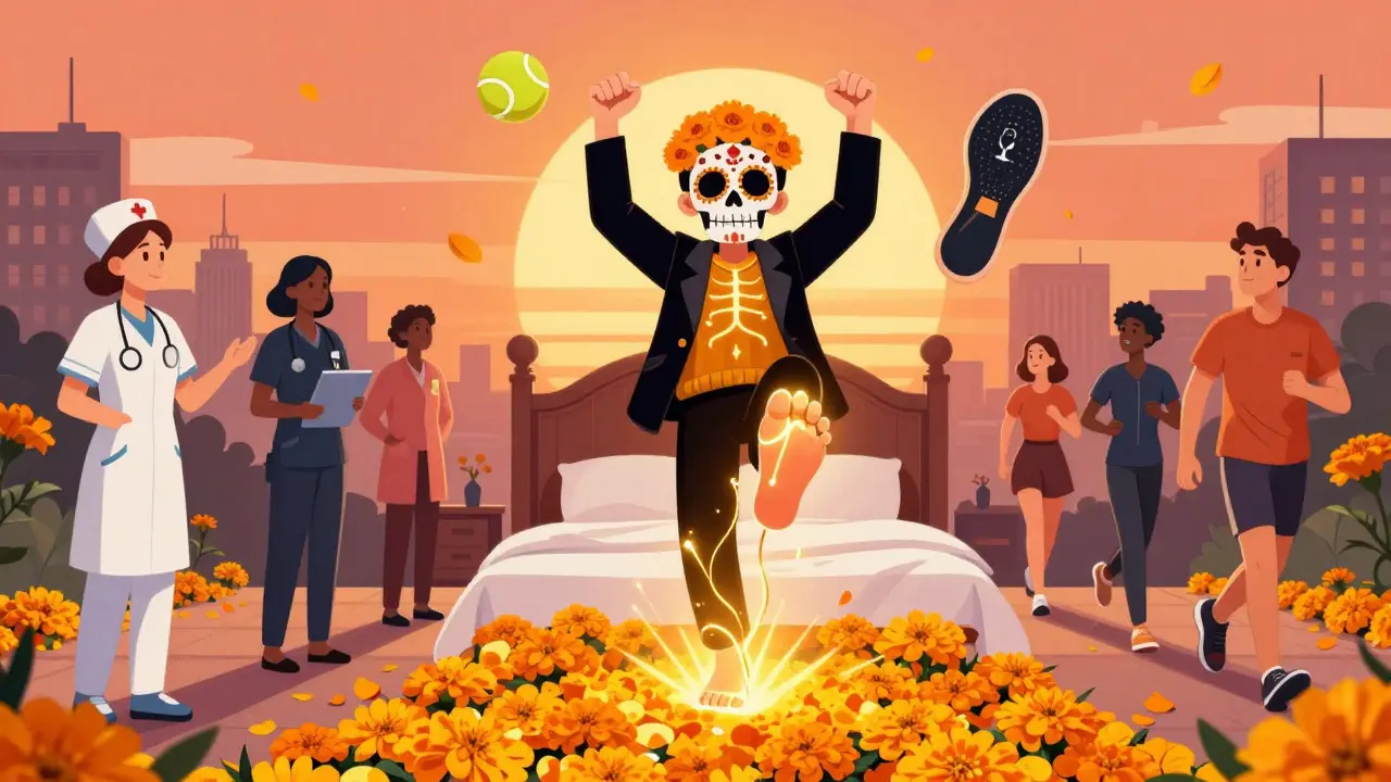 A person stepping confidently into daylight with a golden healed fascia, surrounded by symbols of recovery and weight loss.