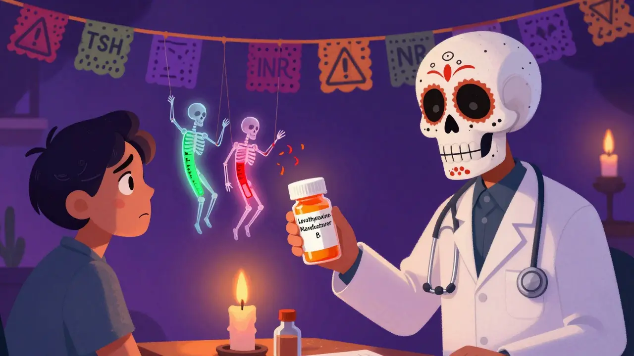 A pharmacist hands a pill bottle to a patient, with floating lab results and a skeletal doctor watching, all in Day of the Dead style.