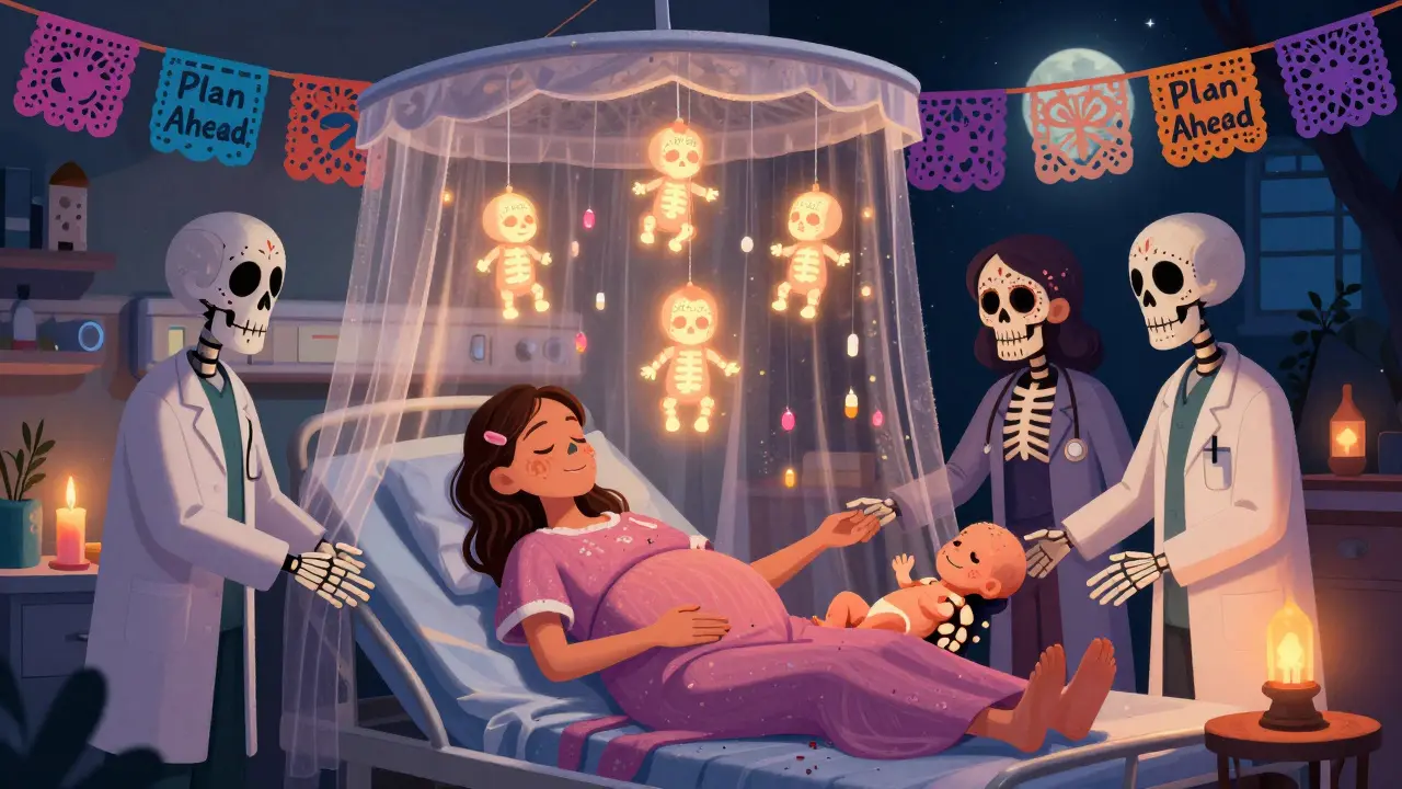 A pregnant woman surrounded by glowing baby bones and skeletal doctors, candlelight illuminating a safe pregnancy plan.