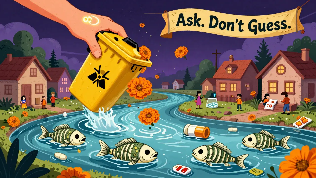 A river with skeletal fish and floating chemo waste, neutralized by a giant hand placing a hazardous bin into the water.