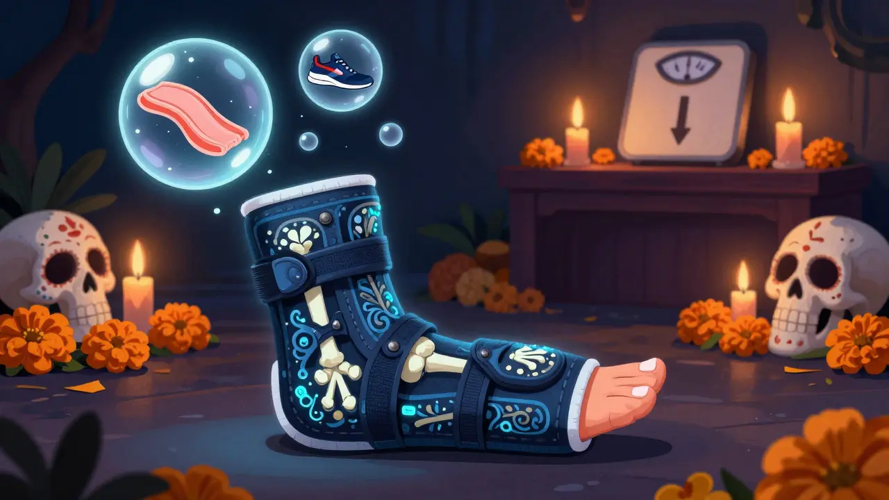 A skeletal night splint glowing softly around a sleeping foot, with dream bubbles showing healing symbols and a supportive shoe.