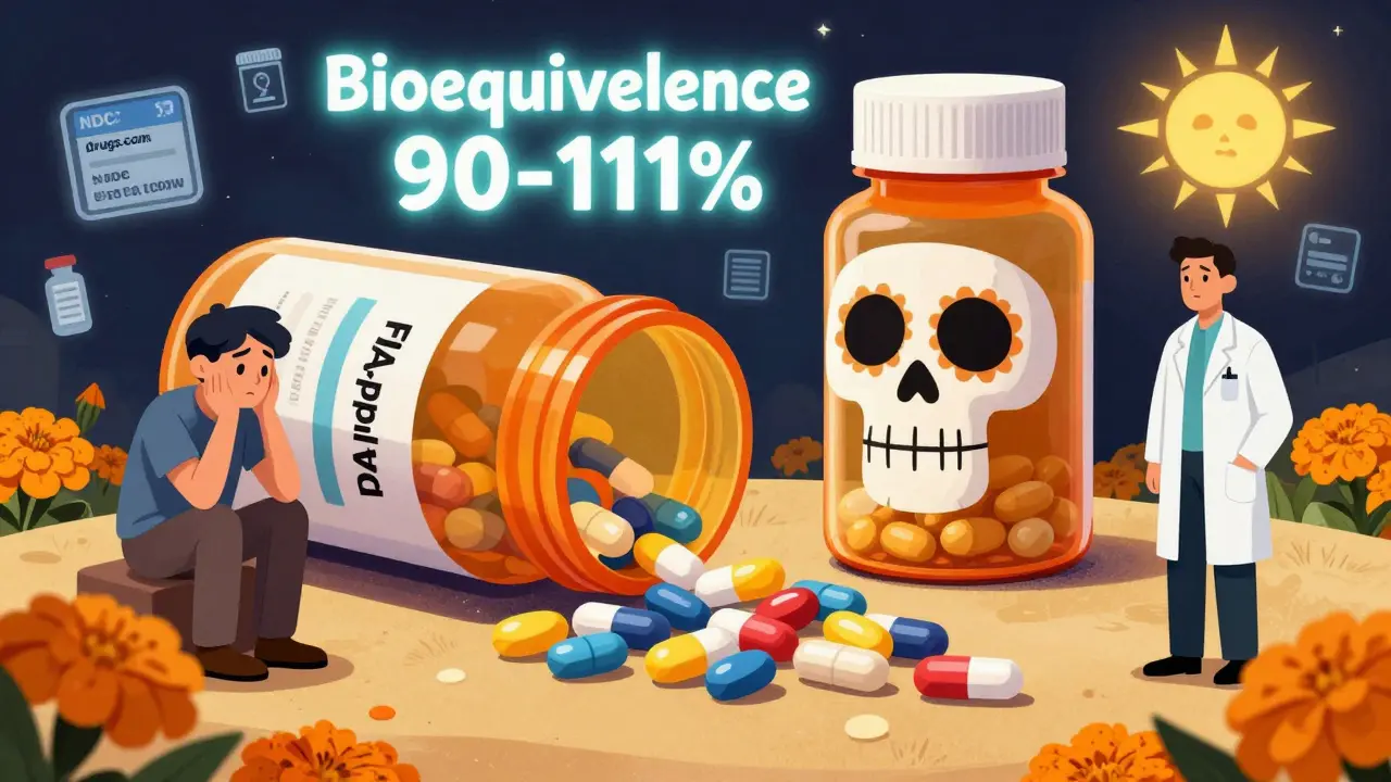 A skeletal pill bottle spills generics with glowing NDC codes and drug identifiers, framed by marigolds and folk art patterns.