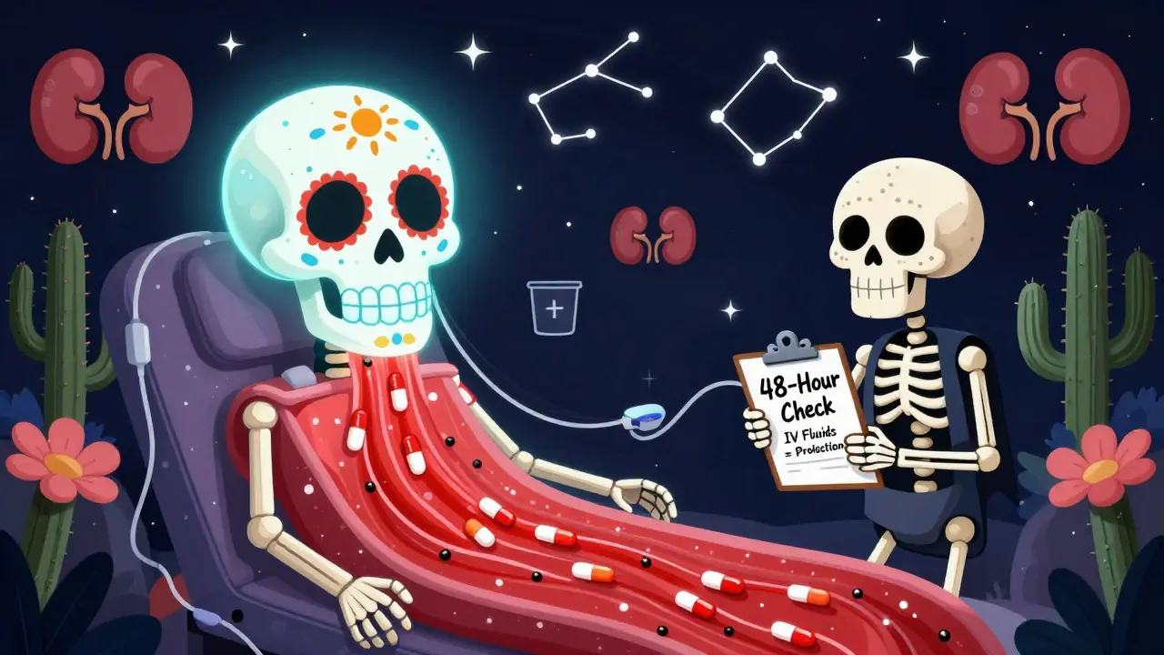 A sugar skull dialysis machine removes lactate and metformin from a patient, with floating kidneys and IV fluid symbols in vibrant Day of the Dead style.