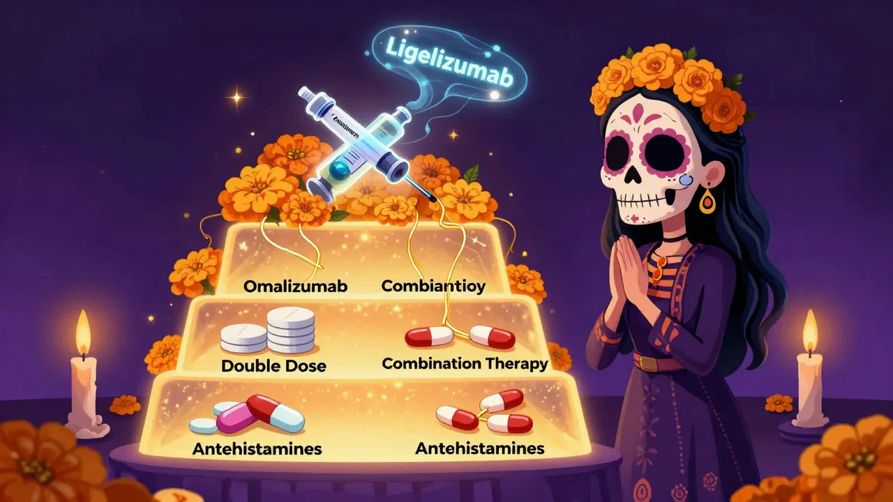 An altar with escalating hive treatments culminating in a glowing biologic injection, surrounded by marigolds and candlelight.