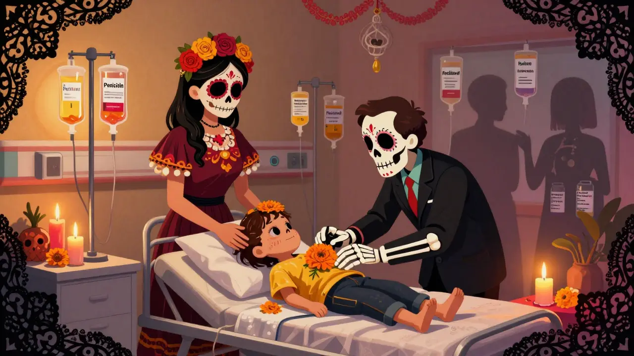 Child undergoing desensitization in a hospital altar with glowing IV bags and skeletal medical staff.