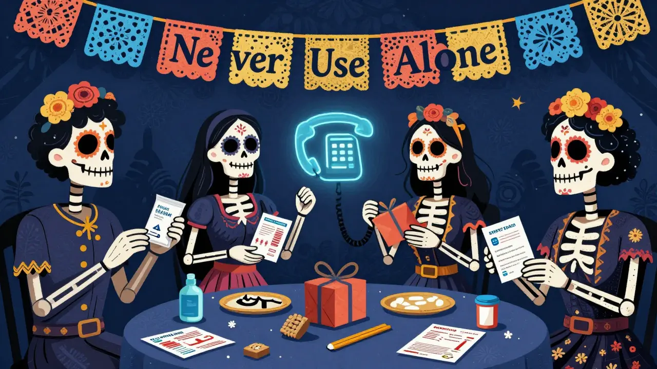 Community members exchanging harm reduction tools at a gathering, skeletal figures helping each other joyfully.